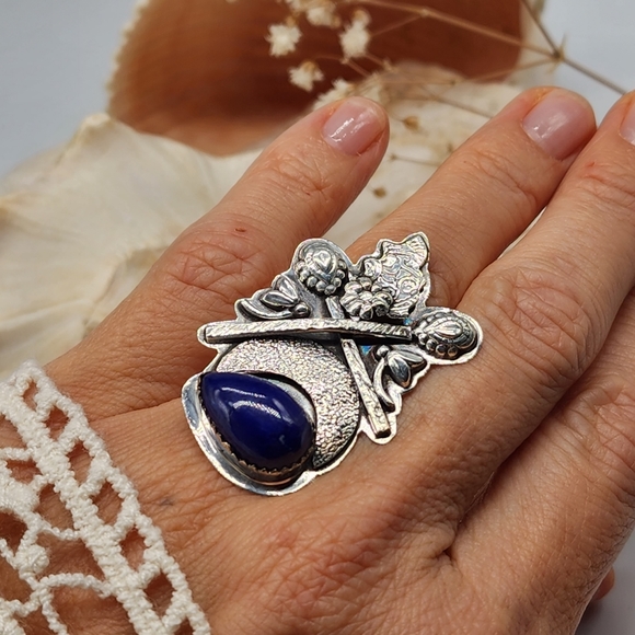 Natural Lapis Blue Stone Silver 925 Ring - Picture 6 of 9